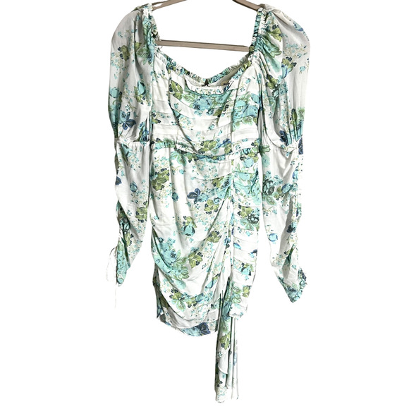 For Love & Lemons Eileen Mini Dress Sz XS Blue Floral Ruched Draped Long Sleeve - Picture 1 of 9